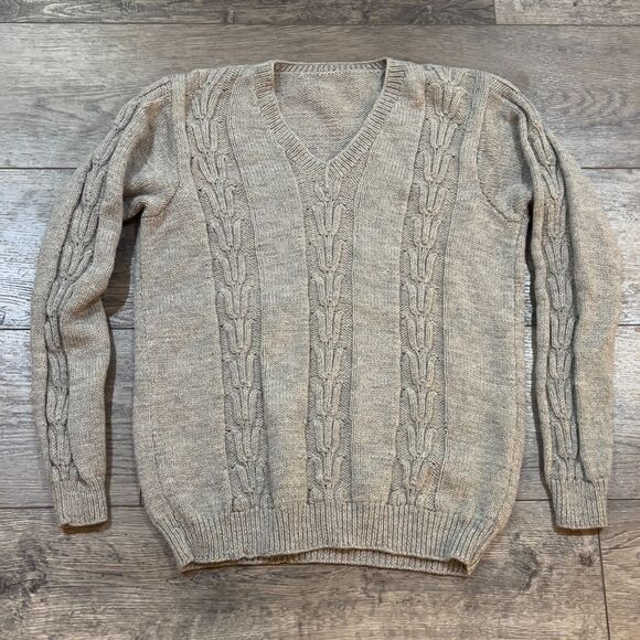 Vintage 90s 3D Cable Knit Gray V-Neck Sweater - Men's Size Medium